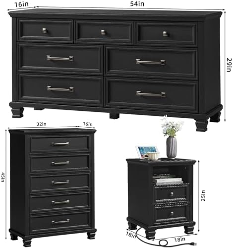 SAVOR LIFE Farmhouse Dresser and Nightstand Sets 3 Piece, Black
