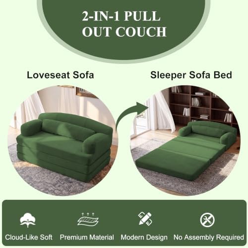 57” Convertible Sleeper Sofa Bed, Boneless Couch, Green