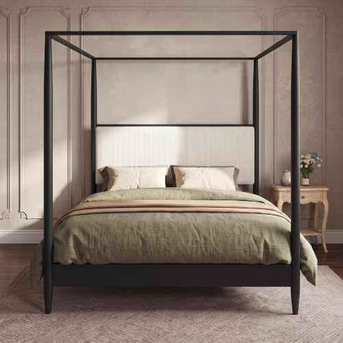 King Size Wood Canopy Bed Frame, Black Vintage Four-Posters Platform Beds