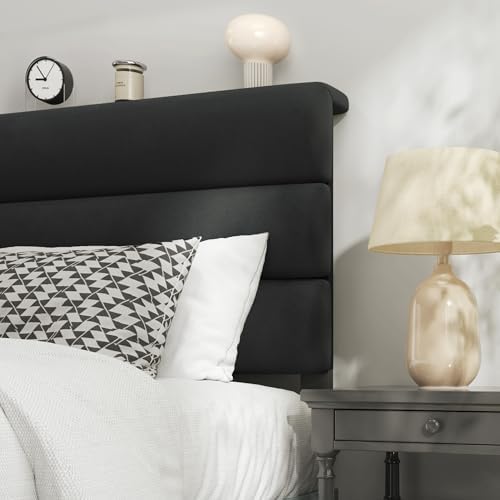 Fluest Queen Bed Frame, Platform Bed Frame with Velvet Upholstered Headboard, No Box Spring Needed, Sturdy Metal Support, Noise Free, Easy Assembly, Modern Bedroom Furniture, Black
