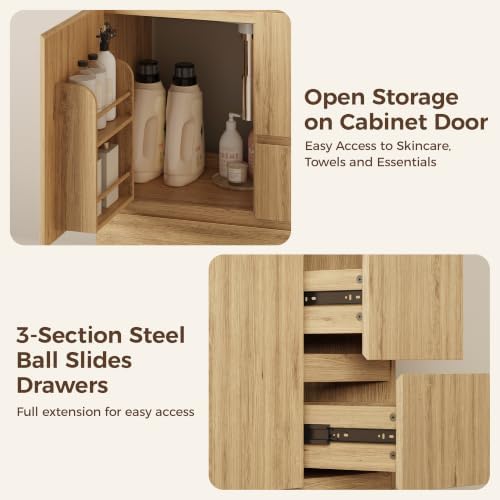 IRONCK 30-Inch Bathroom Vanity with Ceramic Sink, Modern (Natural Oak) | Power Outlet | Freestanding | Divided storage | Hiddle Handle | Soft-Close Hinges