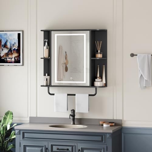 MAHANCRIS Bathroom Wall Cabinet with Mirror, Mirrored Medicine Cabinet with 3 Colors LED Light and 4 Open Shelves, Wall Mounted Storage Cabinets with Adjustable Shelf, 24.7"L x 6.7"W x 26.7"H, Black
