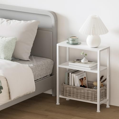 Narrow Side Table for Small Space, 2-Tier Small End Table with Shelf Holder, Slim Nightstand, Skinny Snack Couch Table in Living Room, Bedroom, Study, Kitchen and Balcony (White)
