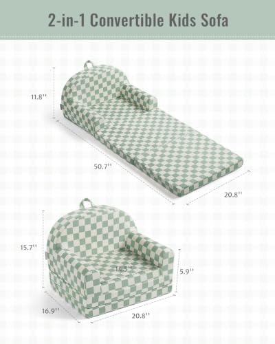 Blissful Diary Foldable Kids Couch, 2-in-1 Kids Sofa Chair, Sage Checkered