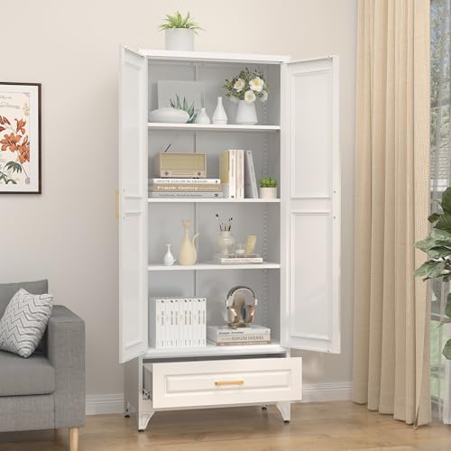 SteeLoong 75" Metal Storage Cabinet with Doors and 3 Adjustable Shelves | Kitchen Pantry Cabinet with Drawer,White Kitchen Cabinet with 2 Gold Handles,Food Cupboard for Livingroom,Pantry, Bathroom