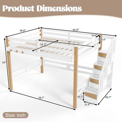KEIKI Full Size Wooden Loft Bed Frame with Staircase, Clothes Hook, White