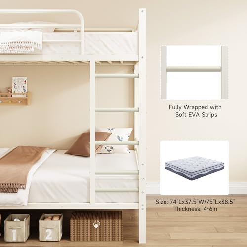 ONBRILL Bunk Bed Twin Over Twin, Metal Bunk Beds with Desk & Outlet, White