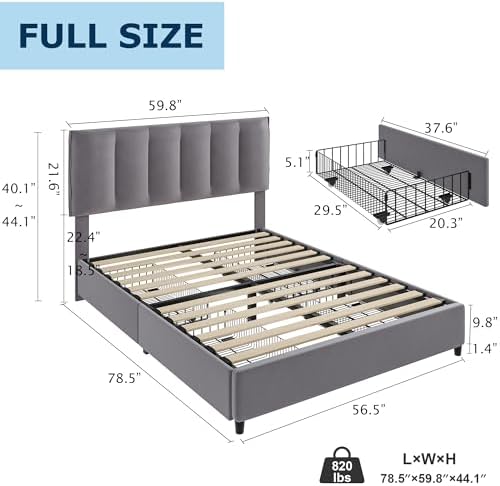 VECELO Full Size Bed Frame with 4 Storage Drawers, Adjustable Height Headboard, Heavy-Duty Platform Bedframe with Strong Wooden Slats, No Box Spring Needed, Dark Grey