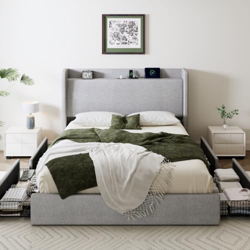 SHA CERLIN Queen Size Storage Bed Frame with 4 Oversized Drawers, Modern Wingback Headboard with Storage Shelf & Charging Station, No Box Spring Needed, Easy Assembly, Grey