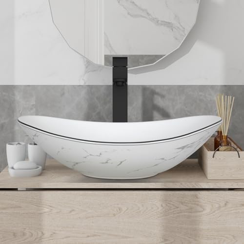 24 Inch White Bathroom Vanity with Marble Texture Top, Traditional Standing Pedestal Cabinet with Marble Boat Ceramic Sink