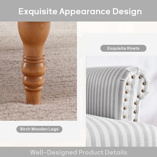 HUIMO Linen Fabric Accent Chairs Set of 2, Mid-Century Modern Armchair with Solid Wood Legs, Single Sofa Chair,Upholstered Reading Club Chair (2, Light Grey and White Stripe)