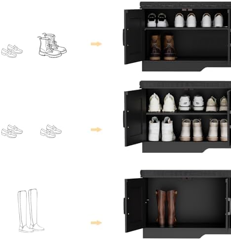 HOMSHO Farmhouse Shoe Storage Bench with 4 Barn Doors & Padded Seat Cushion