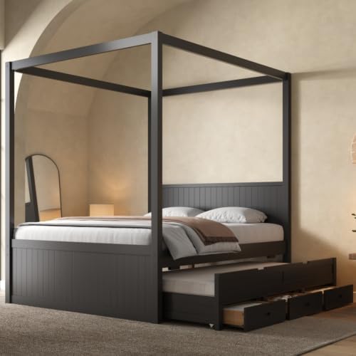 SANOFI Full Size Wood Canopy Bed with Twin Size Trundle, Black