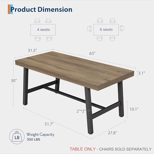 GarveeHome Industrial Dining Table for 4-6 People, 63" Long Kitchen Table with Sturdy Metal Frame, Rectangular Counter for Dinner, Kitchen, Dining Room (Rustic Pear, 63" Non-extendable)