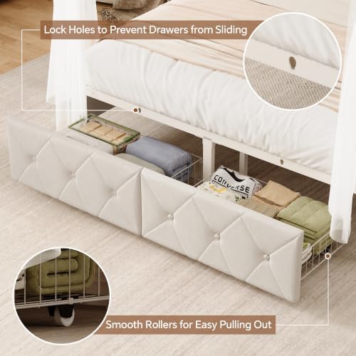 Queen Size Canopy Bed Frame with Charging Station and LED Lights