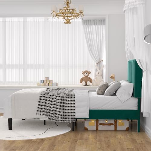VECELO Twin Size Bed Frame with Upholstered Headboard, Velvet Platform Bedframe Mattress Foundation, Strong Wood Slat Support, No Box Spring Needed,Green