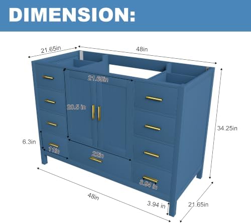 Montary 48" Modern Bathroom Vanity Base Cabinet, Solid Wood Construction, | Soft-Close Double Doors & 9 Full-Extension Drawers(Basin & Top Not Included),Blue