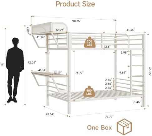 ONBRILL Bunk Bed Twin Over Twin, Metal Bunk Beds with Desk & Outlet, White