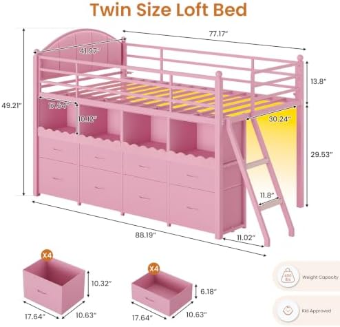 DICTAC Low Loft Bed Twin Size with 8 Drawers, 4 Bookcase & LED Lights, Pink