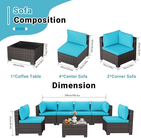 LEVELEVE 7-Piece Outdoor Patio Furniture Sets, Manual Weaving Rattan Conversation Sectional Sofa with Tempered Glass Coffee Table, All-Weather PE Wicker & Thick Cushions for Garden, Backyard, Porch