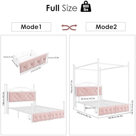 Full Upholstered Canopy Bed Frame with 2 Drawers & Crystal Tufted Storage Headboard Two-Purpose Metal Platform Bed with 4 Removable Posts & Charging Station Pink Princess Bed, Curtain Not Included