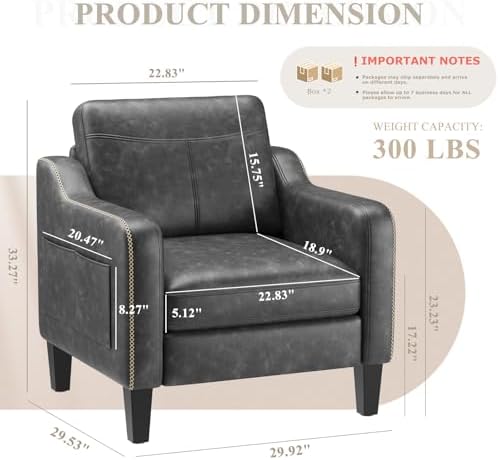 MALOL PU Leather Accent Chair, Mid-Century Modern Living Room Armchair Sofa with Removable Cushions, Solid Wood Frame & Stitched Armrest Design, Bedroom Chair with Plastic Legs, Black
