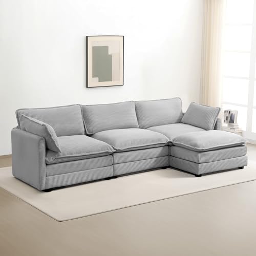 ROWHY 112'' Modular Sectional Cloud Couch with Movable Ottoman, 4 Seat Modern Corduroy Sofa, Deep Seat L Shaped Couch for Living Room Bedroom Apartment,Light Grey