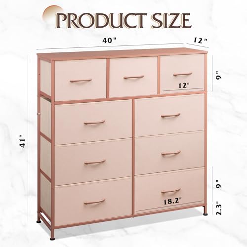 WLIVE Tall Dresser for Bedroom, 9 Drawer Chest of Drawers, Pink