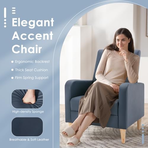 COLAMY Mid-Century Modern Accent Chairs Set of 2, Faux Leather Upholstered Living Room Chairs with Back Pillow & Solid Wood Legs, Comfy Armchair for Living Room, Bedroom, Single Sofa, Dark Blue