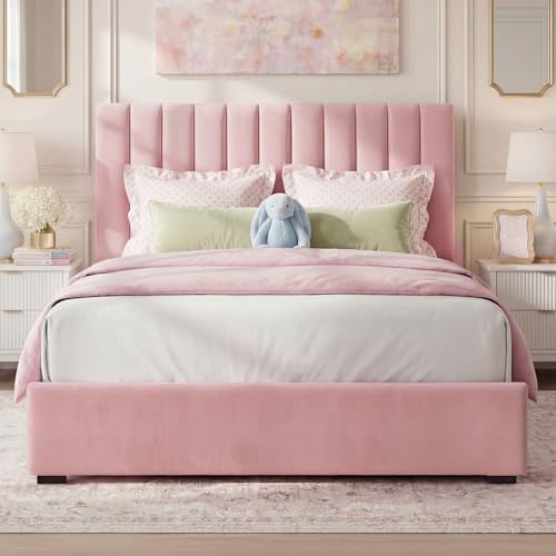 Welzona Full Size Velvet Upholstered Bed Frame with Tufted Headboard, Pink