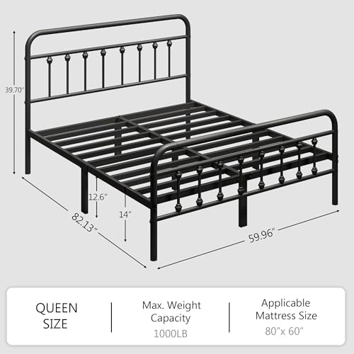 zunatu Queen Size Metal Bed Frame, Victorian Style Headboard and Footboard