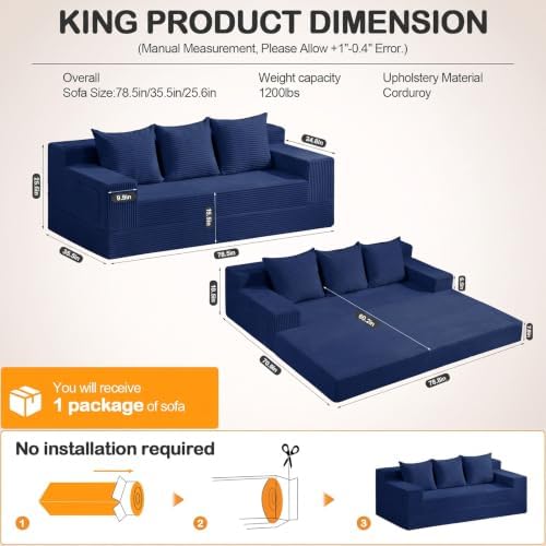Erament 3 Seater Boneless Couch Sofa Bed, 78'' Corduroy Oversized Loveseat Folding Sofas Bed, Compression Convertible Futon Floor Couch Sofa Beds with 3 Pillows for Living Room Bedroom Apartment