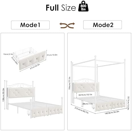 Full Upholstered Canopy Bed Frame with 2 Drawers & Crystal Tufted Storage Headboard Metal Platform Bed with Charging Station & 4 Removable Posts No Box Spring Needed Curtain Not Included, Beige