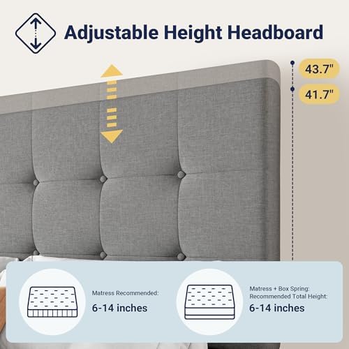 Allewie Queen Size Storage Bed Frame with 4 Underbed Drawers, Upholstered Platform Bed with Adjustable Headboard, Square Button Tufted, Easy Assembly, Noise-Free, No Box Spring Needed, Light Grey