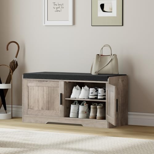 Homleke Shoe Storage Bench, 2 Doors & Thickened Padded Seat Cushion