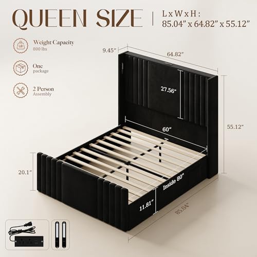 55" Tall Queen Size Platform Bed Frame with 2 Reading Lights, Black