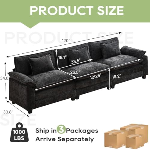 Oprisen 120" Modular Sectional Sofa, Comfy 3 Seater Deep Cloud Couch