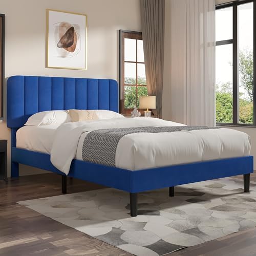 VECELO Queen Size Bed Frame with Upholstered Headboard, Velvet Platform Bedframe Mattress Foundation, Strong Wood Slat Support, No Box Spring Needed,Blue