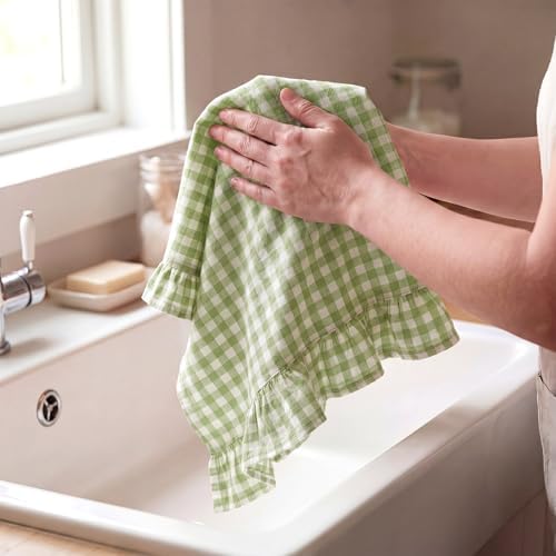 HunnmingRe 2 Pcs Mint Green Gingham Kitchen Towels Cotton Ruffled