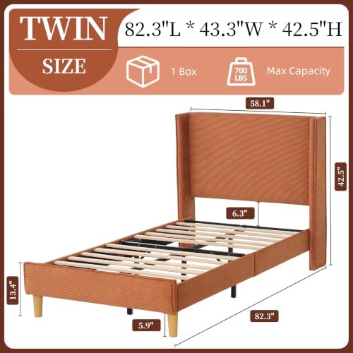 Twin Corduroy Upholstered Platform Bed with Headboard Wingback, Ocher