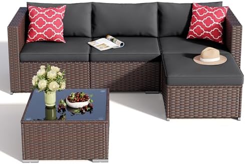 Aiho 5 Pieces Patio Furniture Sets, All-Weather PE Rattan Outdoor Patio Furniture with Cushions and Glass Table, for Garden, Backyard, Porch, Black