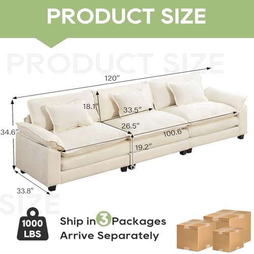 Oprisen 120" Modular Sectional Sofa, Comfy 3 Seater Deep Cloud Couch