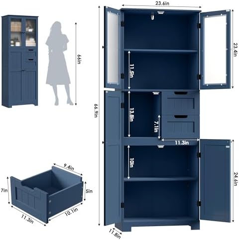BOTLOG 67'' Tall Bathroom Storage Cabinet, Linen Cabinet with Glass Doors and Adjustable Shelves, Kitchen Pantry with 2 Drawers for Bathroom, Living Room, Dining Room, Blue | 2 Drawers, Linen Bathroom Cabinet with Glass Doors and Shelves for Living Roo...