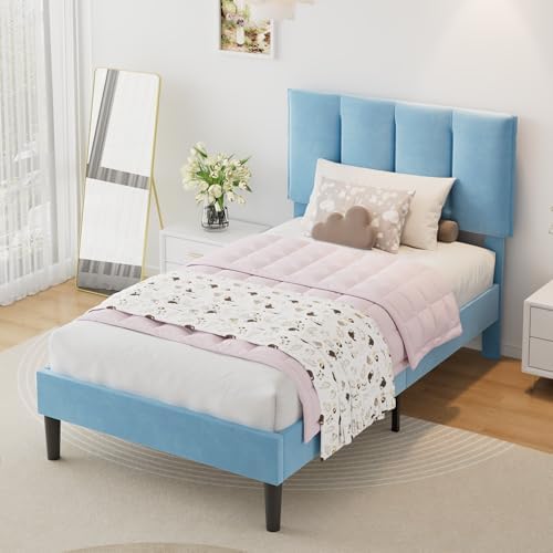 VECELO Twin Size Bed Frame with Upholstered Headboard, Light Blue
