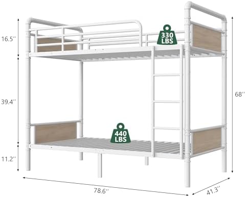 Jocoevol Metal Bunk Bed Twin Over Twin, Industrial Bunkbeds Heavy Duty Bed with Safety Guard Rails and Space-Saving Design, Steel Bed for School, Bedroom (White)
