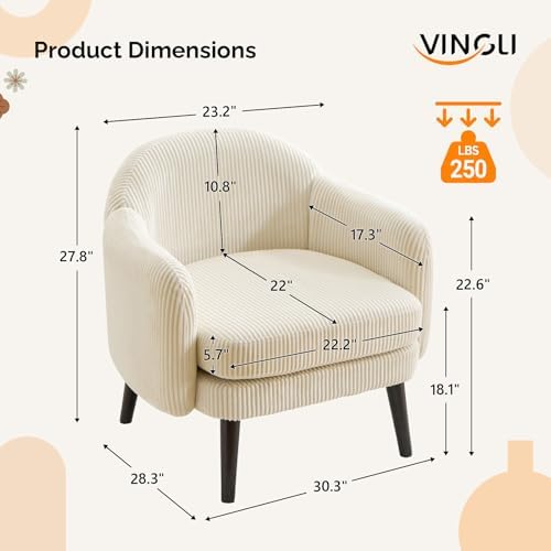 VINGLI 30.3" Wide Modern Barrel Accent Armchair with Track Armrest, Solid Wooden Legs, Comfy Upholstered Club Chair, Round Single Home Sofa for Living Room, Bedroom, Reading Room, Corduroy Beige