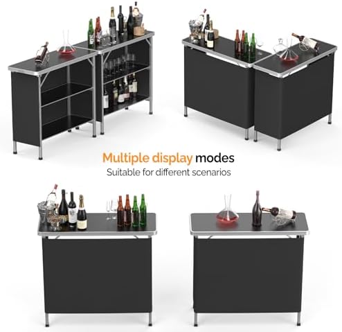 VINGLI 39" Portable Bar Table, 3-Tier Shelves, Mobile Bar Table for Events, Party, Camping, Picnic, Tradeshow, Indoor with Black Skirt(1 Pack) (2, 39")