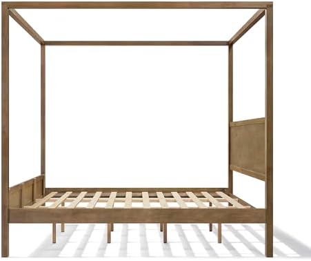 Merax King Canopy Bed Frame with Headboard & 4 Posters, Antique Natural
