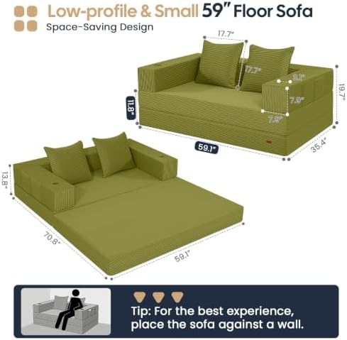 COMAX Boneless Futon Sofa Bed, 59" Small Low-Profile Floor Couch
