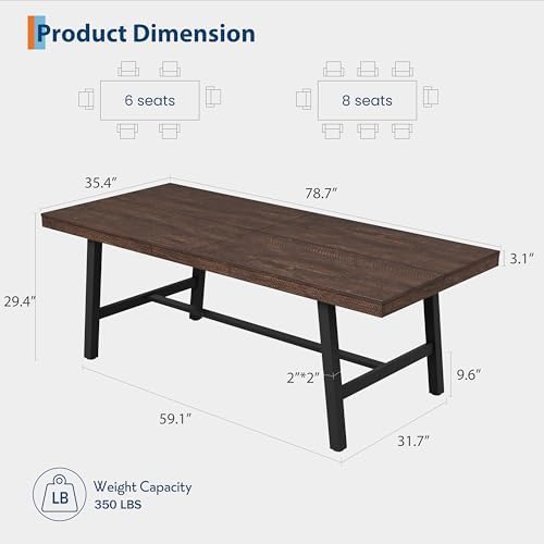 Garvee 79" Modern Dining Table, Large Kitchen Table, Dark Rustic Birch